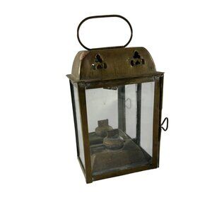 Vintage Brass Glass Panel Lamp Lantern Mirror 6" Tall Handle Primitive NO Wick
